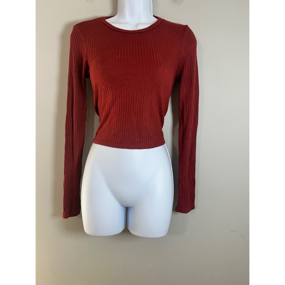 Reformation Jeans Womens XS Rust Red Ribbed Long Sleeve Cropped Top Tencel USA